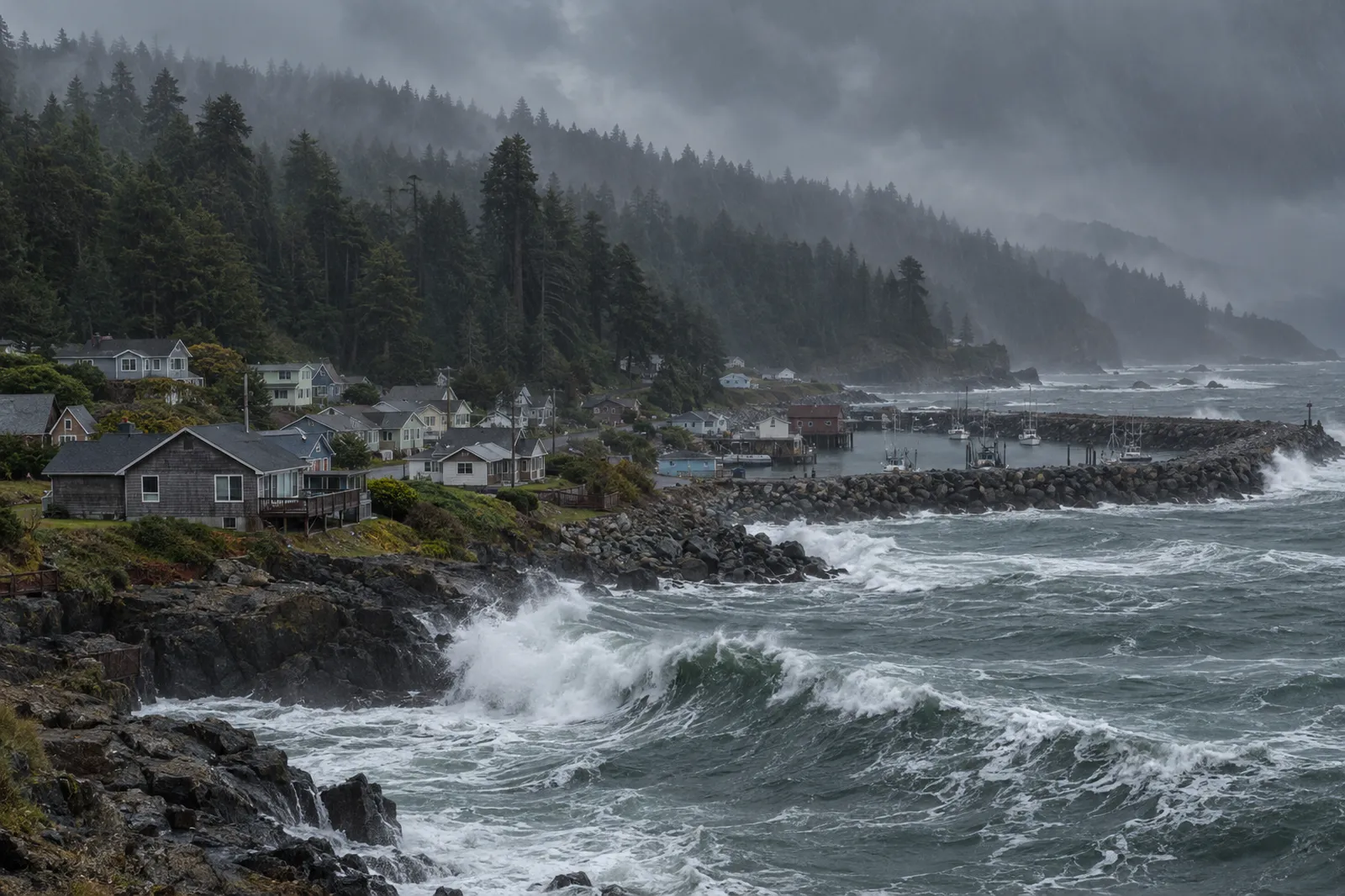 Wood-frame homes near a rocky harbor with redwood hills behind during a winter storm