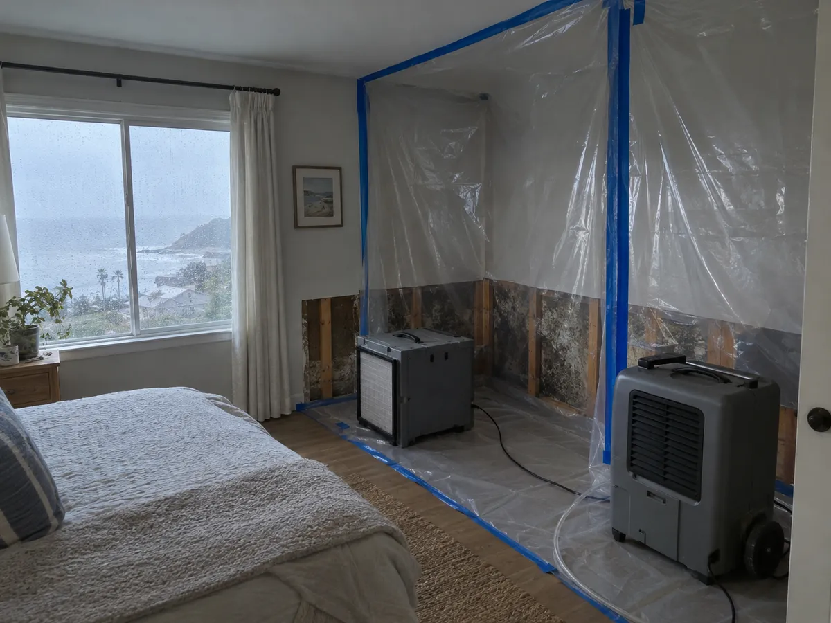 Mold containment sheeting and an air scrubber in a coastal home bedroom